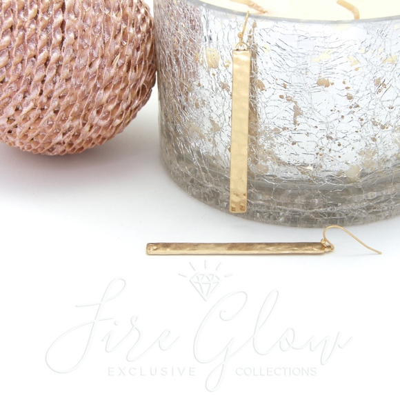 Gold Tone Long Bar Hammered Metal Hook Earrings - Picture 5 of 8